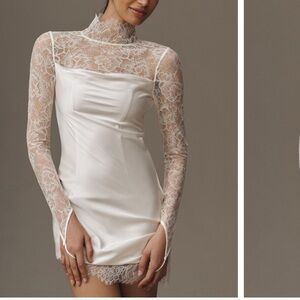 De La Vali Croissant Long-sleeve lace mini dress in Ivory; size 2
